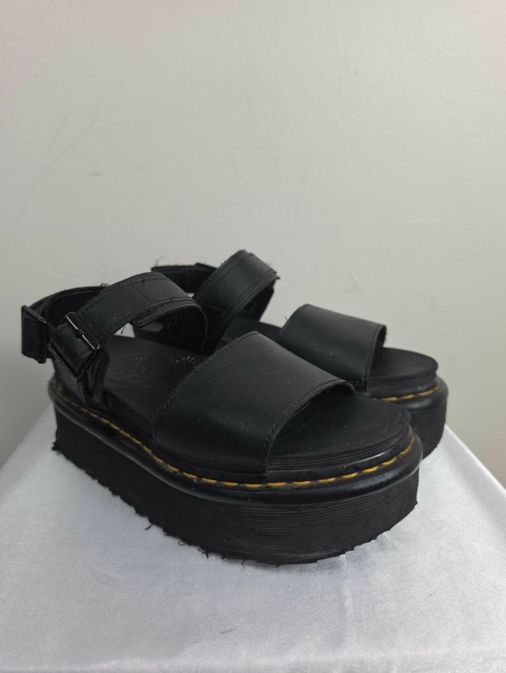 Dr. Martens Black Leather Platform Sandals with Yellow Stitching Accent